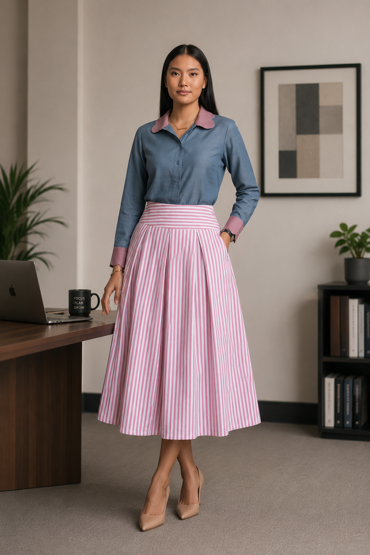 Pink stripped box pleated skirt