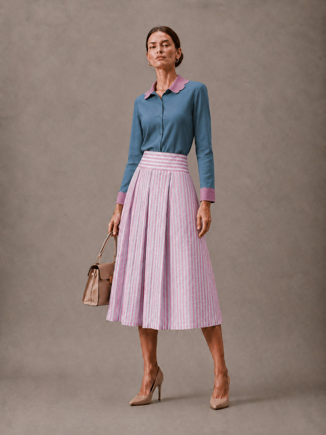 Pink stripped box pleated skirt